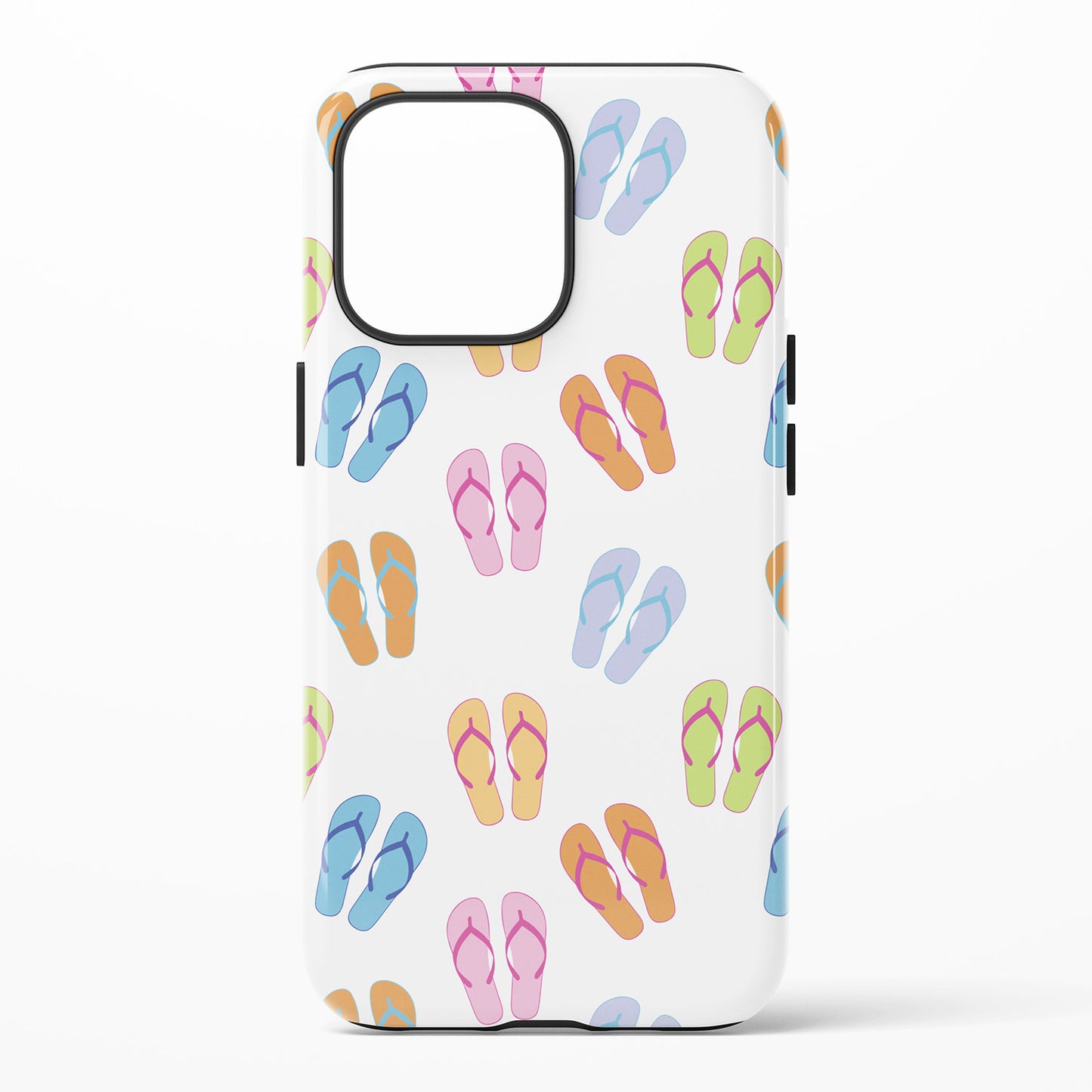 Phone case with colorful flip flops pattern in green, orange, blue, and pink