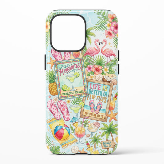 Phone case featuring flamingos, pineapples, palm leaves, flowers, coconuts, beach icons, flip flops, and tropical signage
