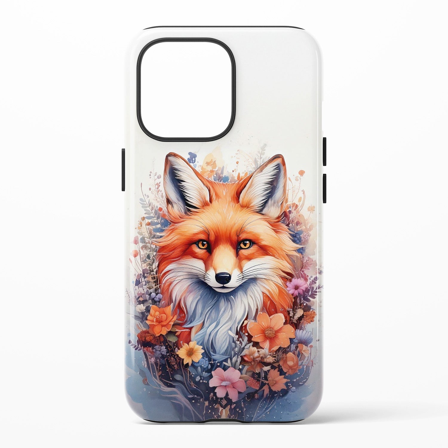 Phone case featuring a vivid orange fox surrounded by colorful flowers and foliage