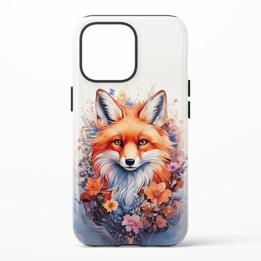 Phone case featuring a vivid orange fox surrounded by colorful flowers and foliage