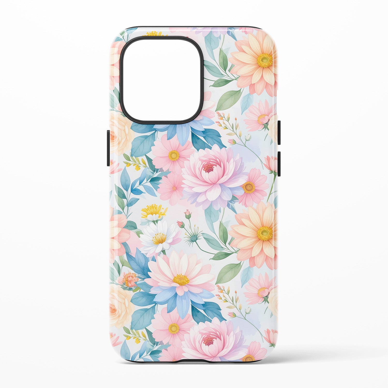 Floral phone case with pink, blue, and yellow flowers on a light background
