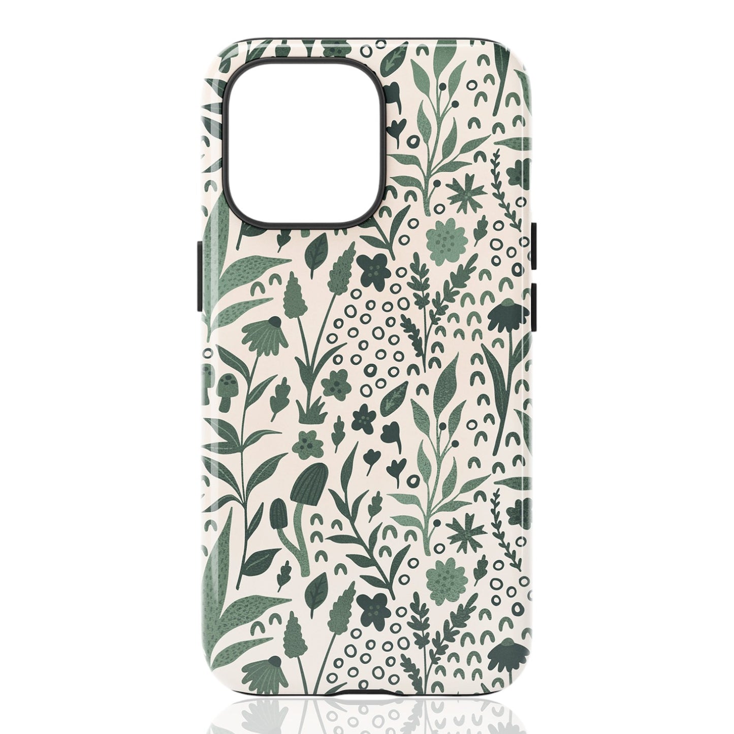 Phone case featuring dense green botanical illustrations on a beige background 