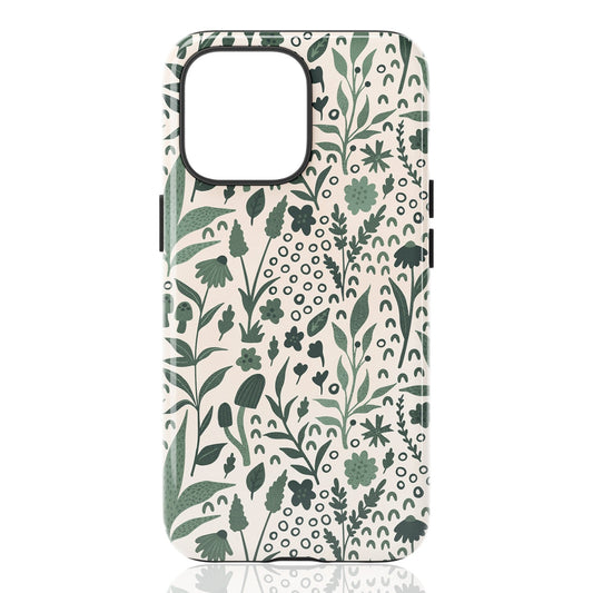 Phone case featuring dense green botanical illustrations on a beige background 