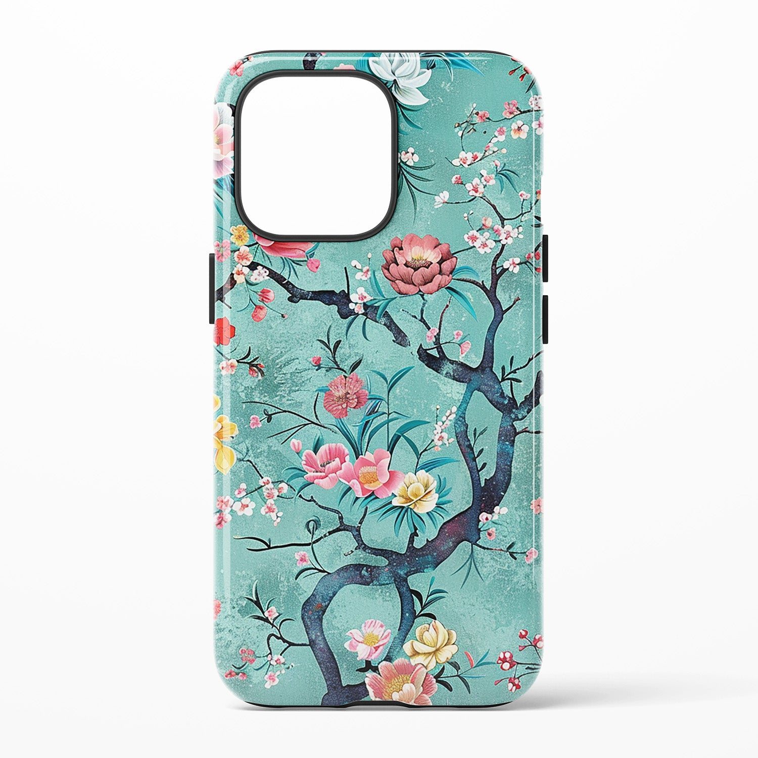 Phone case featuring a turquoise background with a dark branch adorned with pink, red, yellow, and white blossoms