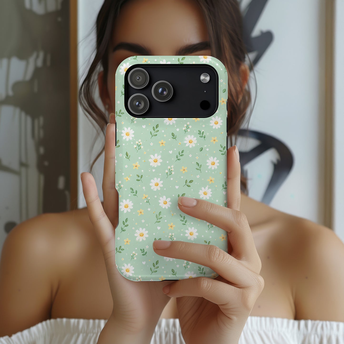 Summer Mini Daisies Series Light Pastel Green Phone Case