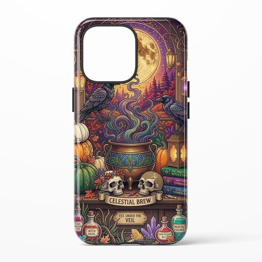 This phone case features a mystical brew at center with two skulls at its feet and surrounded by pumpkins, birds, moon, books, brew ingredients, lantern, and more. The colors are yellow, purple, deep pink, green, and orange.