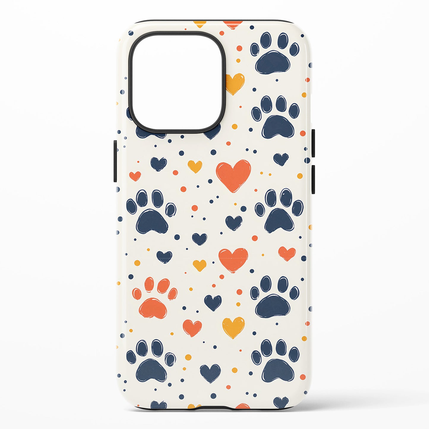 Phone case featuring blue and orange paw prints, orange and yellow hearts, and scattered dots on a white background
