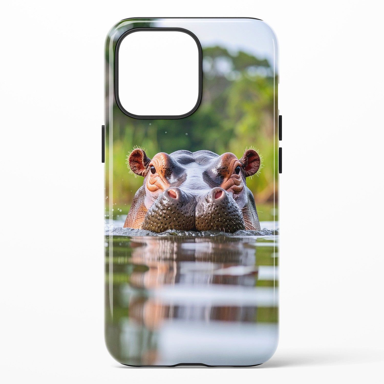 Phone case featuring a close‑up hippo partially submerged in water with natural greenery in the background
