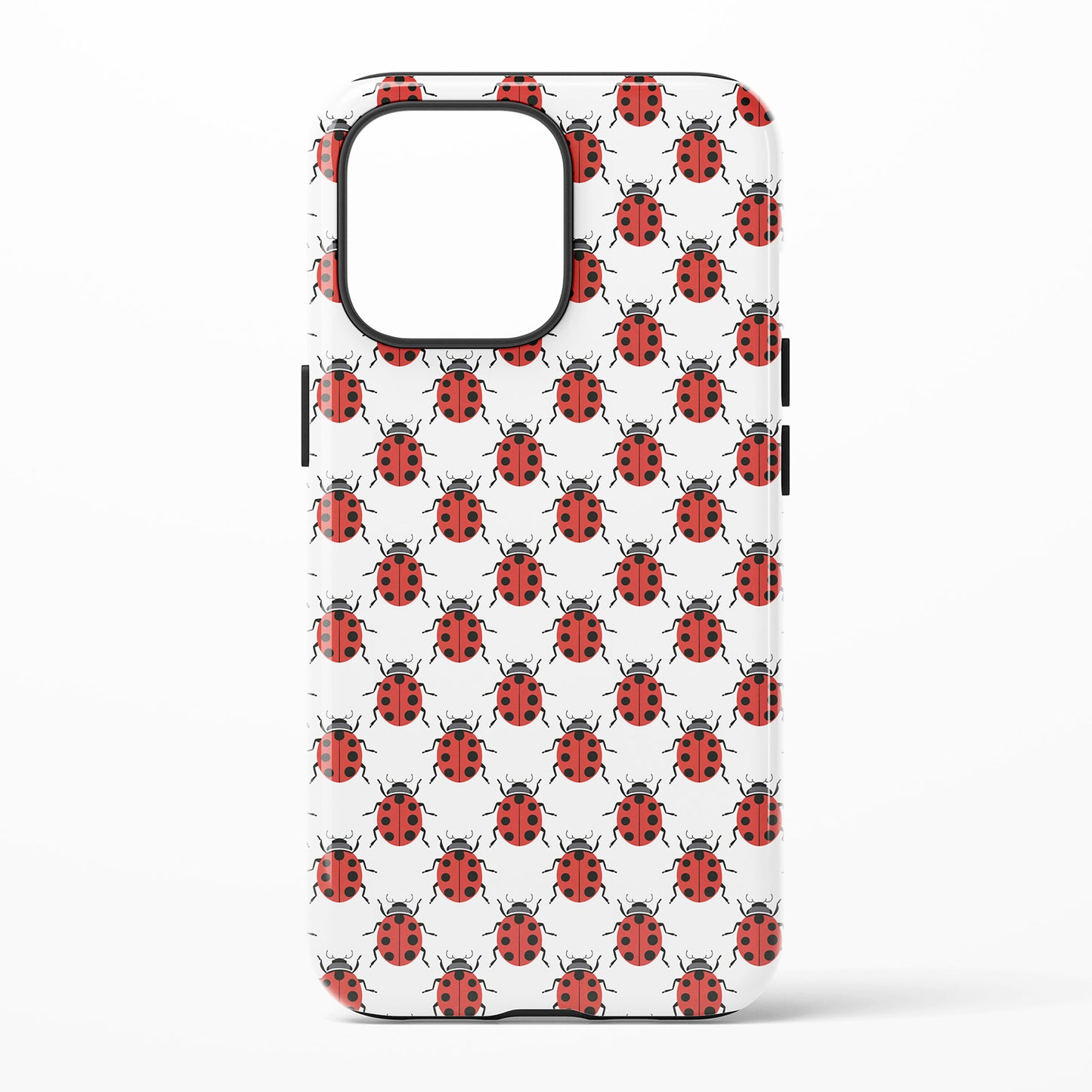 ladybug pattern phone case with red ladybugs on white background
