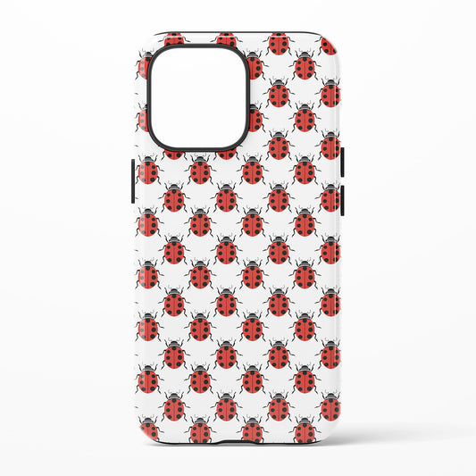 ladybug pattern phone case with red ladybugs on white background