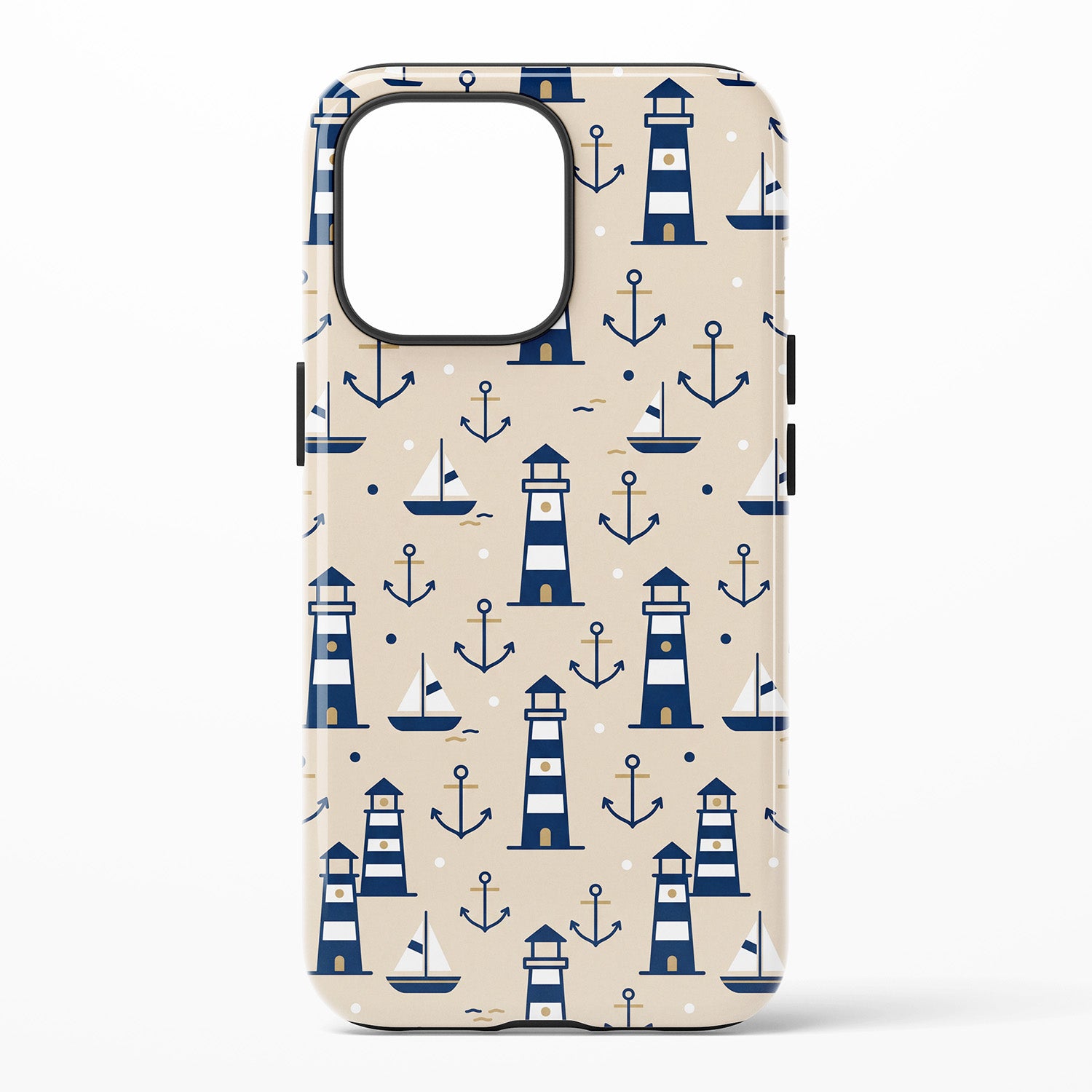 nautical lighthouses pattern phone case with anchors and sailboats on beige background