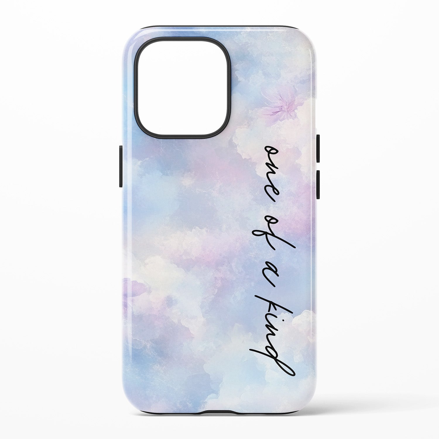 Phone case with pastel cloud design  and 'One of a Kind' text on a white background