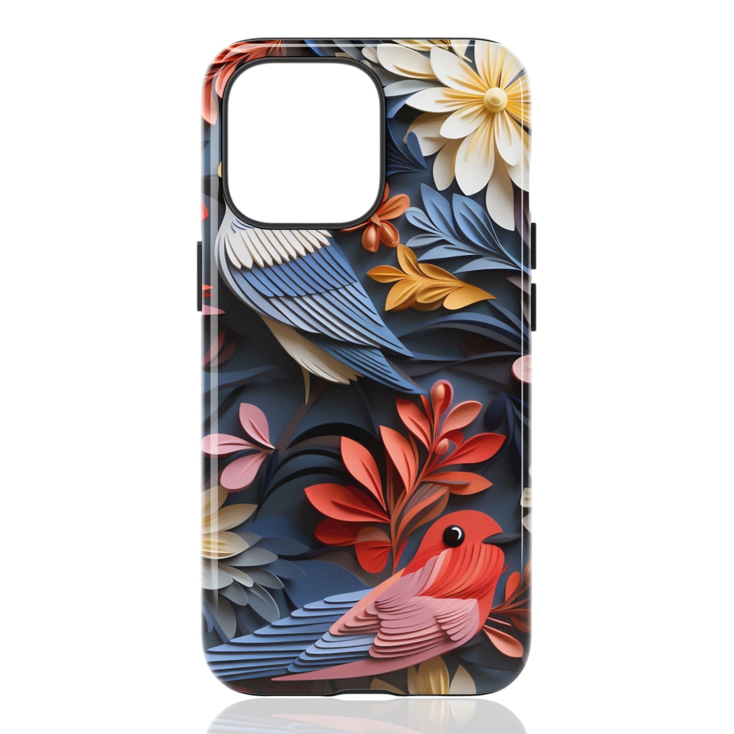 Phone case featuring two stylized colorful birds surrounded by layered floral patterns on a dark background
