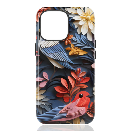Phone case featuring two stylized colorful birds surrounded by layered floral patterns on a dark background