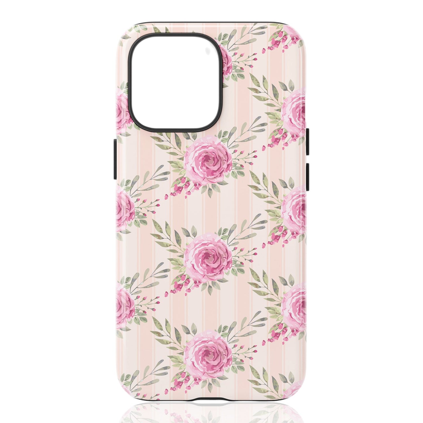 Phone case featuring diagonal pink roses with green leaves on a peach background with subtle vertical stripes