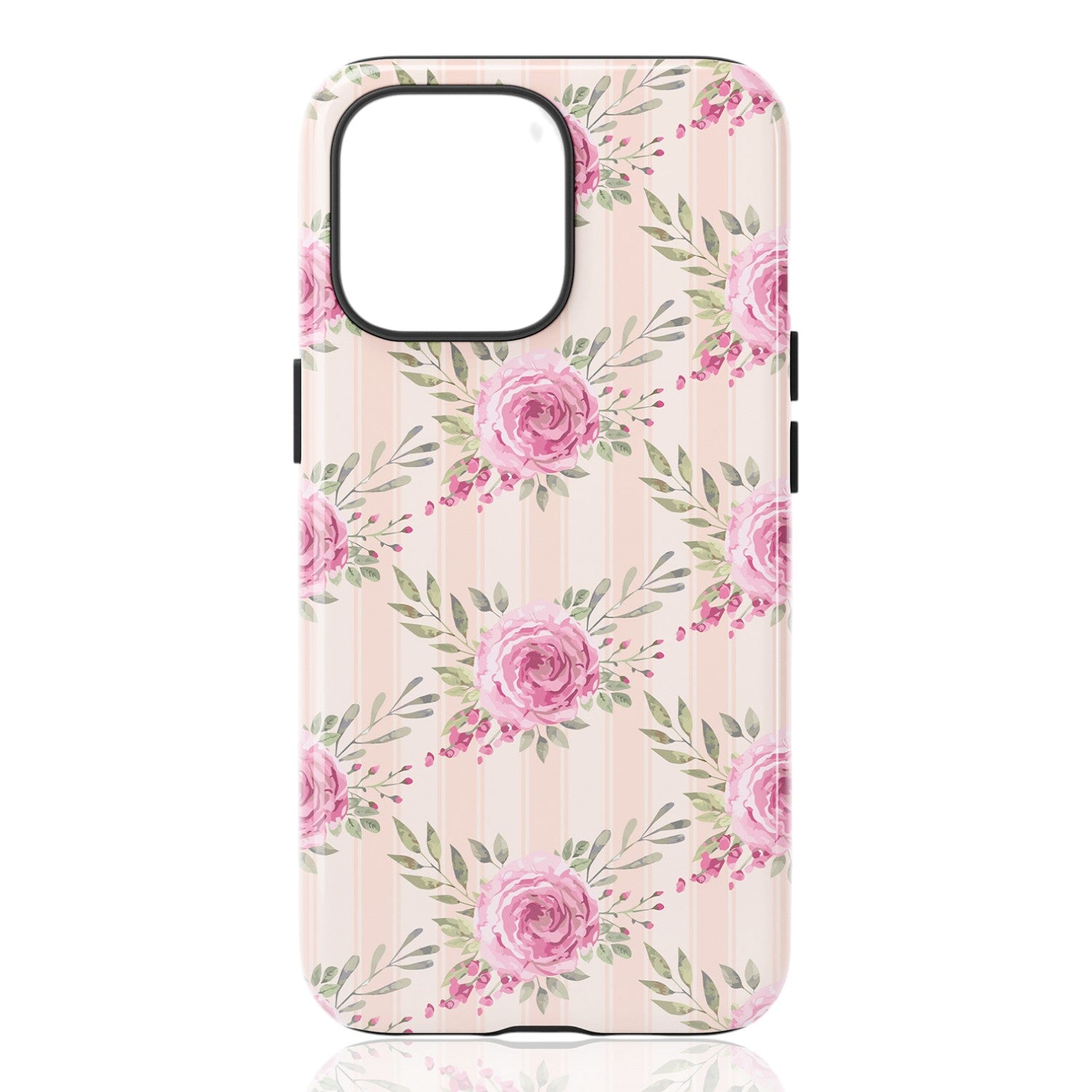 Phone case featuring diagonal pink roses with green leaves on a peach background with subtle vertical stripes