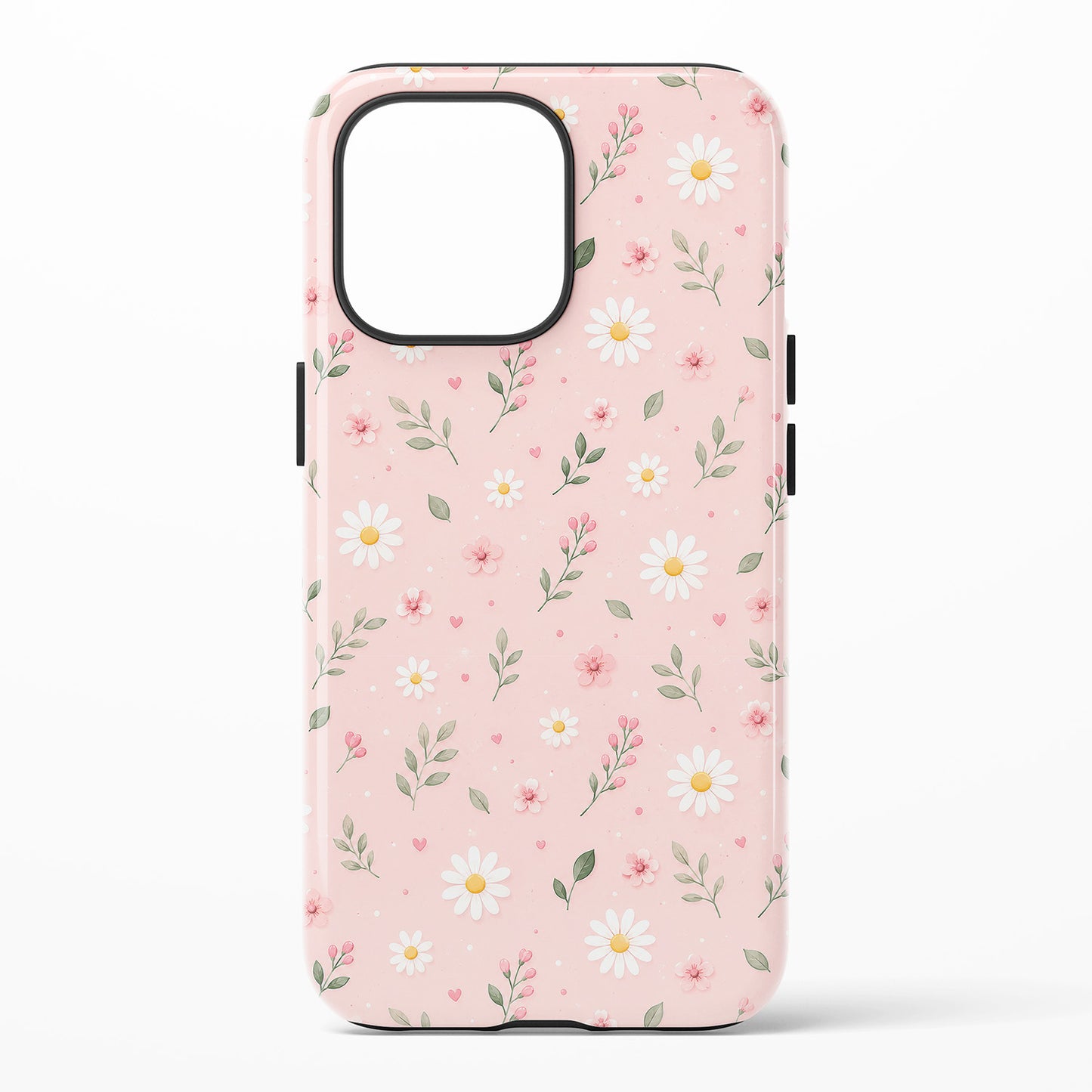A light pink phone case with a delicate watercolor-style floral pattern of mini white daisies with yellow center, pink blossoms, and green leaves