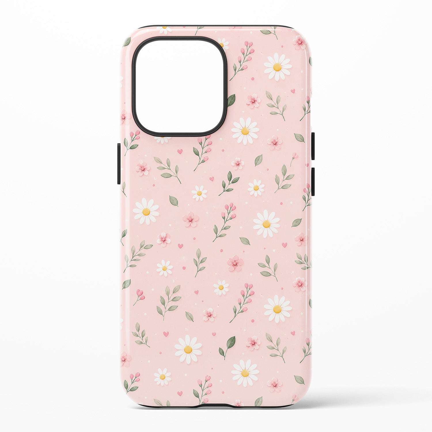 A light pink phone case with a delicate watercolor-style floral pattern of mini white daisies with yellow center, pink blossoms, and green leaves