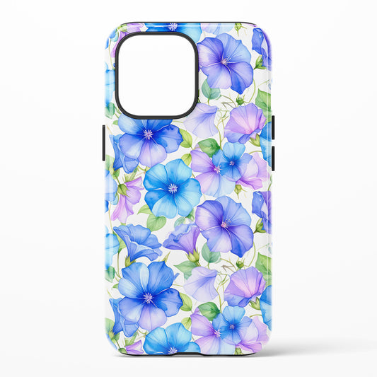 Phone case featuring blue, purple, and lavender morning‑glory flowers with green leaves