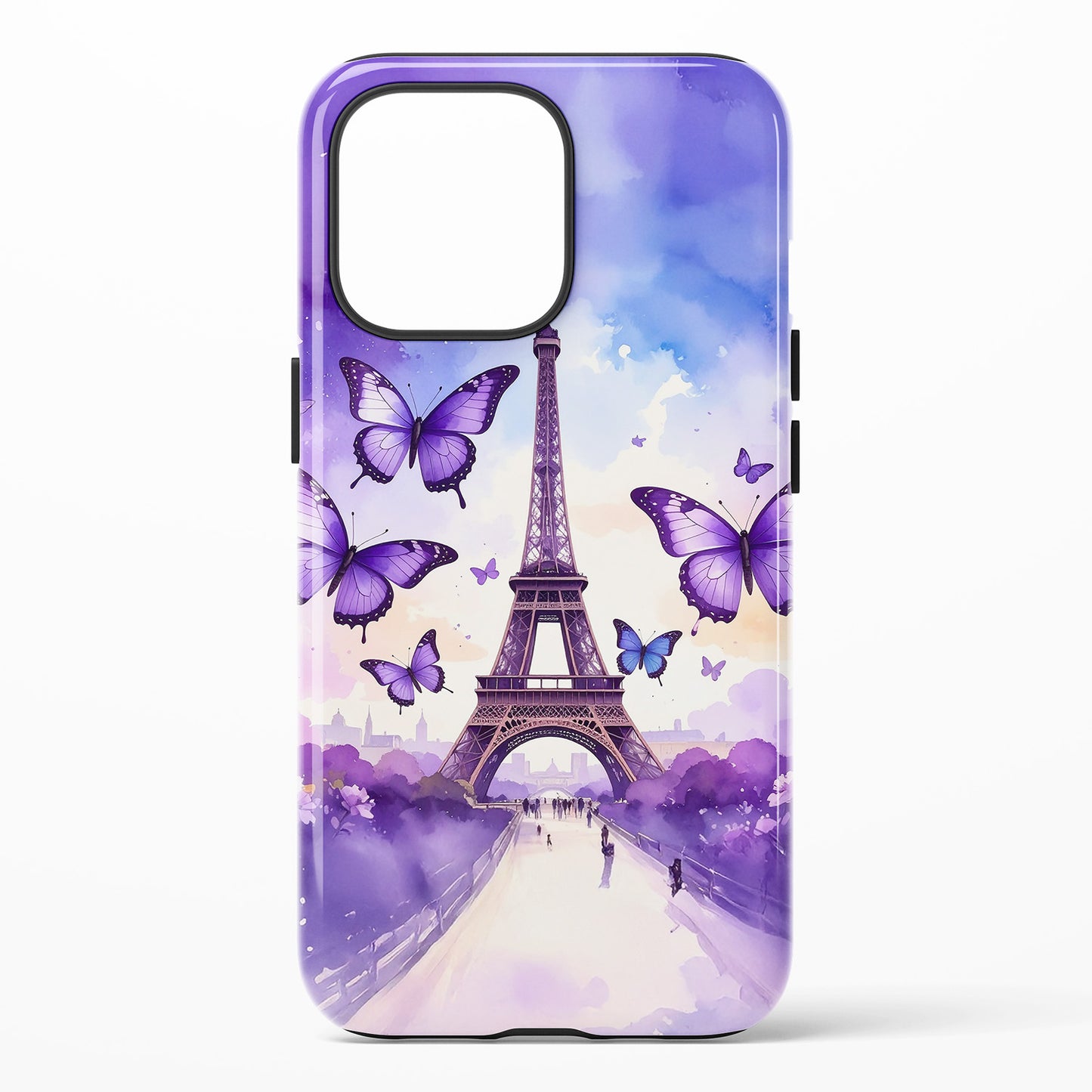 Phone case featuring a watercolor Eiffel Tower with purple and blue butterflies and a pastel sky
