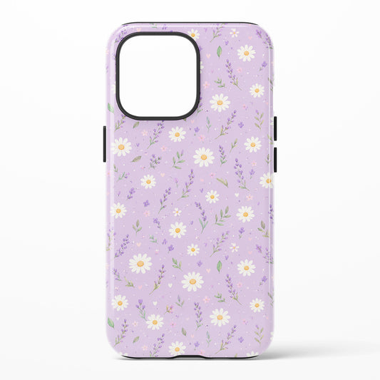 A light purple phone case with a delicate mini white daisies with yellow center and wildflower pattern with purple, yellow. and green colors