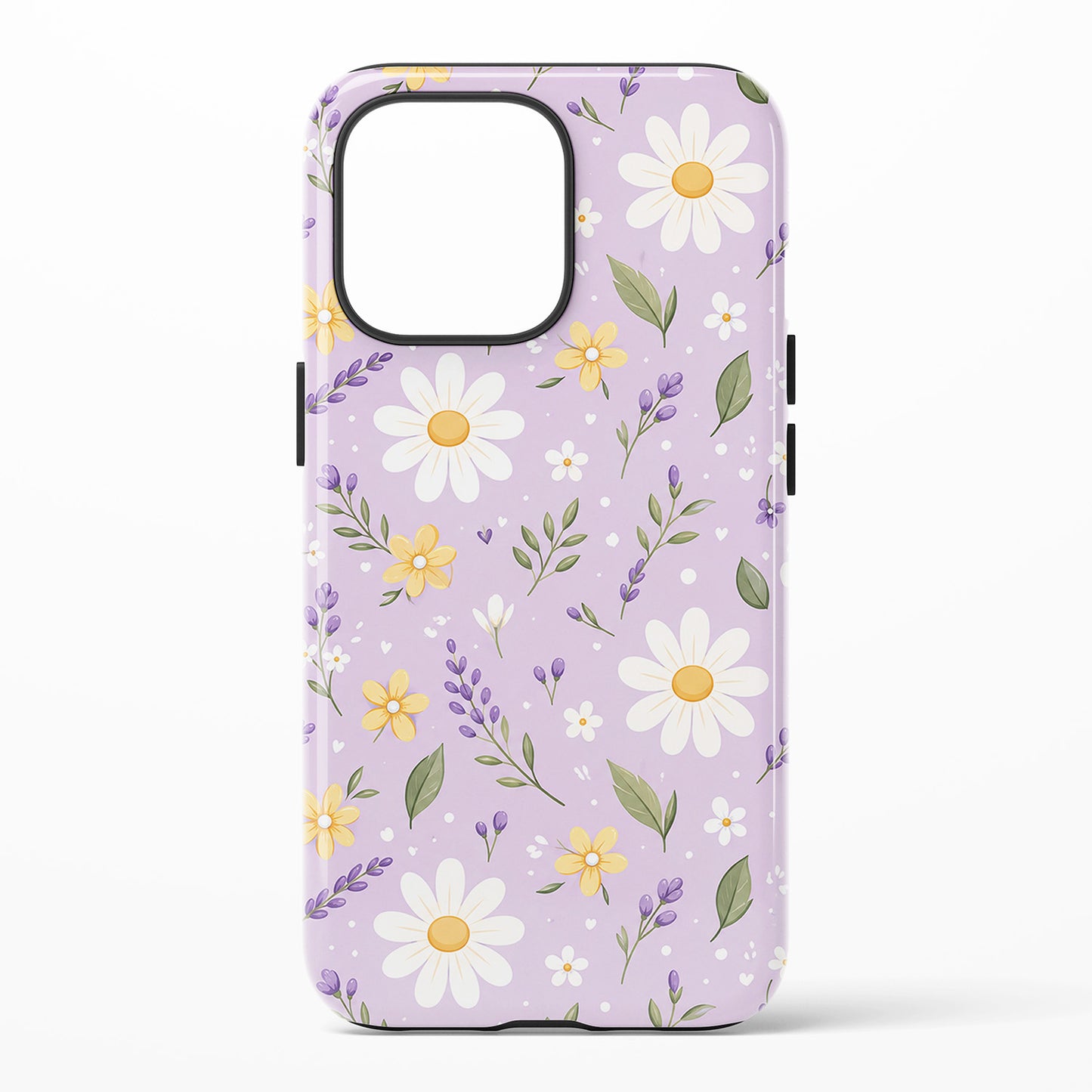 A protective phone case with a light pastel purple background decorated with a maxi daisies with yellow center and wildflower pattern in white, yellow, and green colors