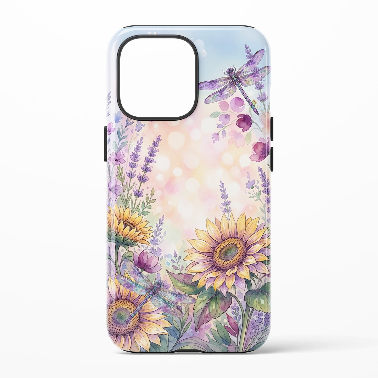 A protective phone case featuring a watercolor floral design with sunflowers, lavender, dragonflies, and a soft pastel bokeh background, shown on a light gray studio background.