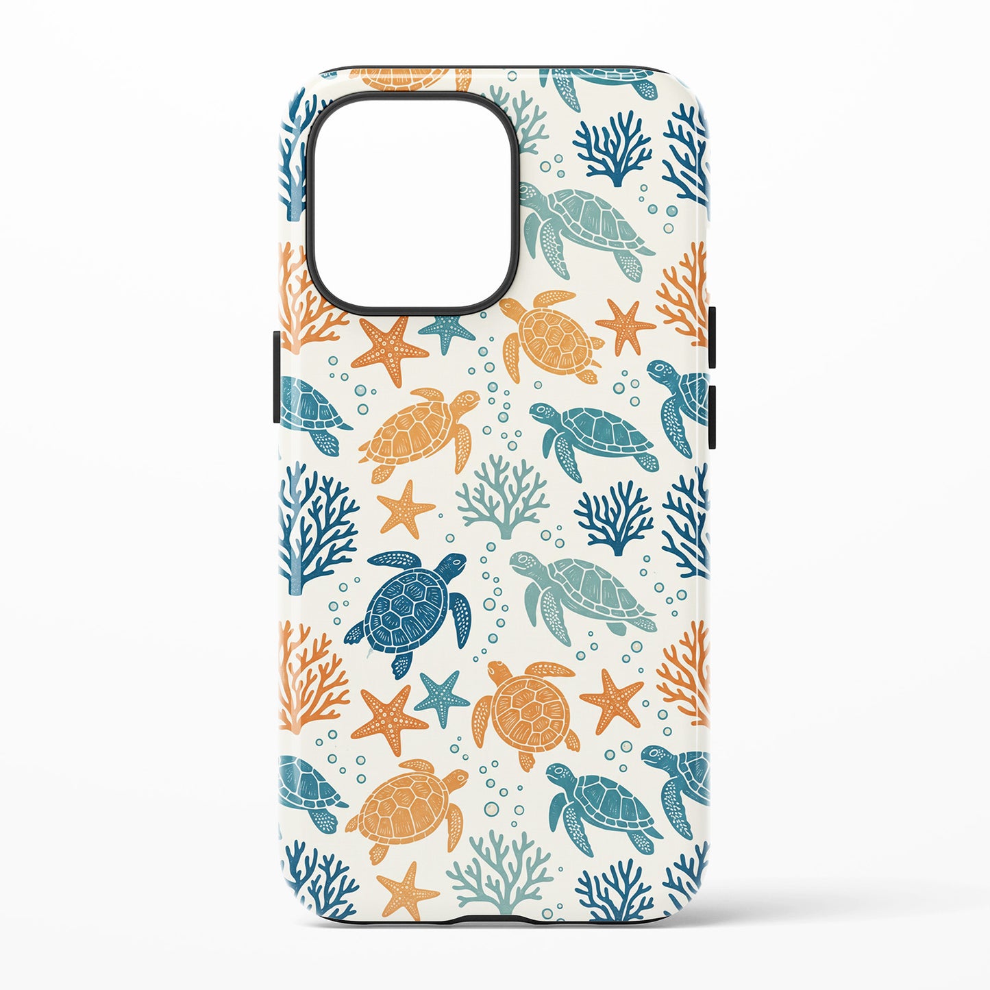 A phone case featuring a repeating pattern of sea turtles, starfish, and coral in teal and orange on an off-white background.