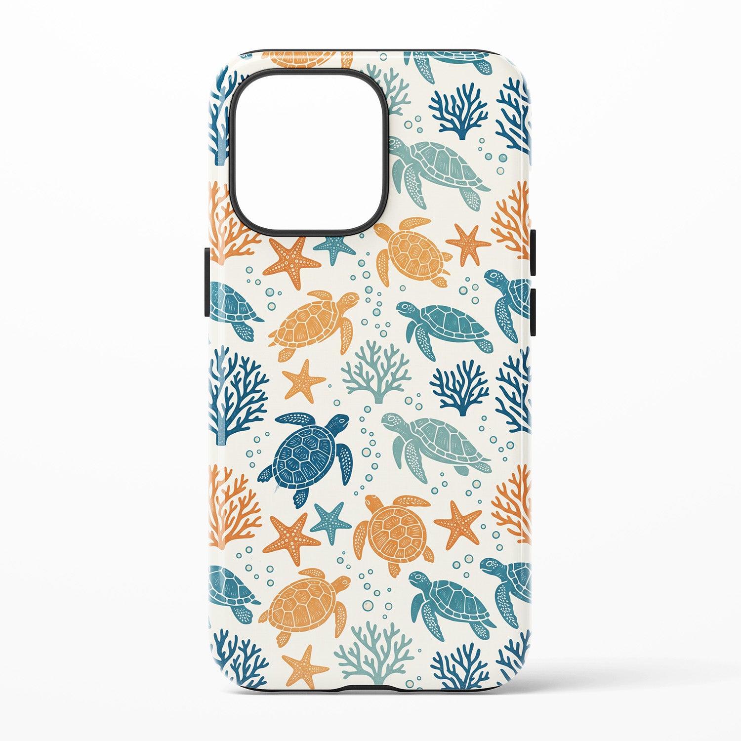 A phone case featuring a repeating pattern of sea turtles, starfish, and coral in teal and orange on an off-white background.