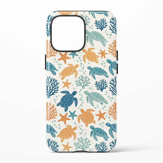 A phone case featuring a repeating pattern of sea turtles, starfish, and coral in teal and orange on an off-white background.