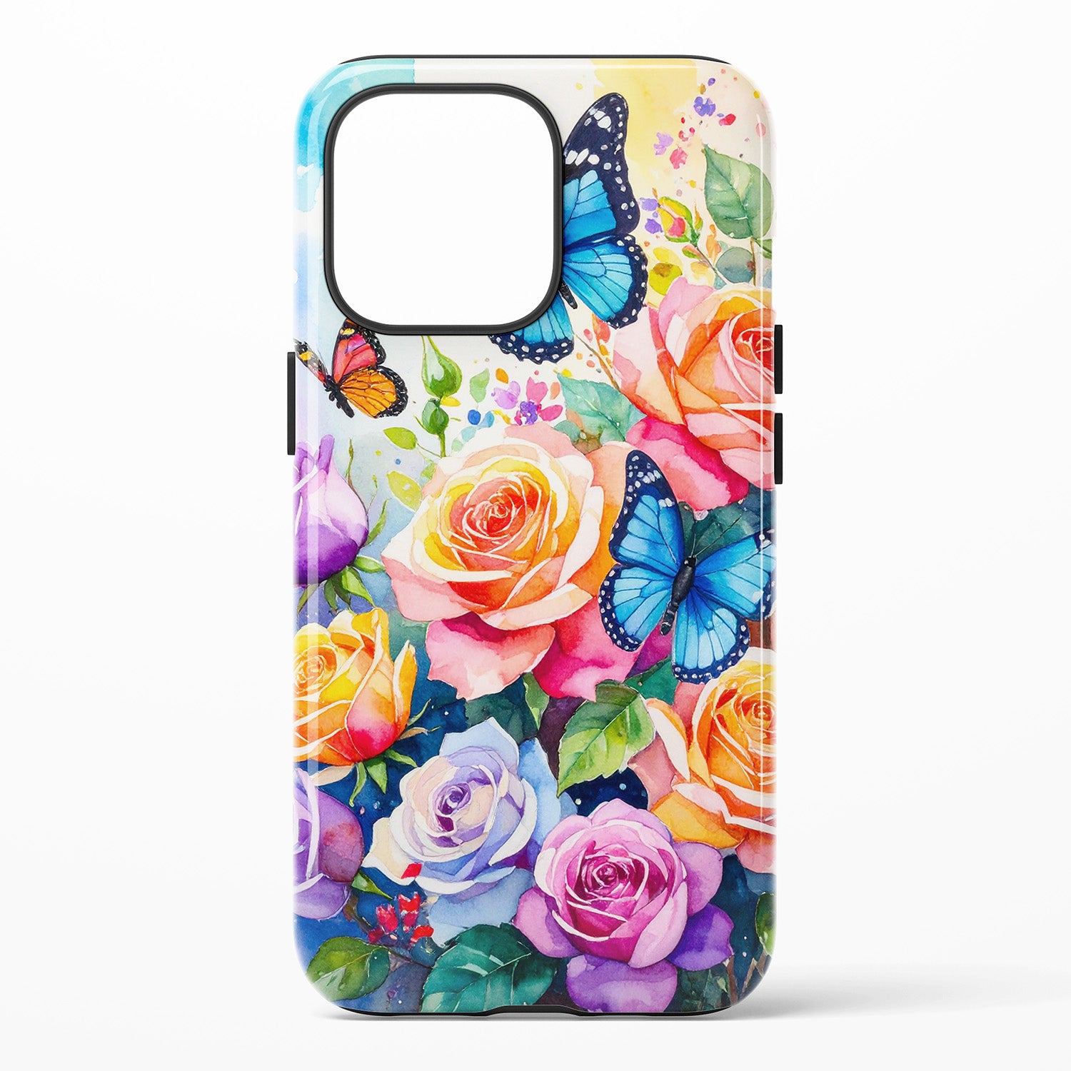 Phone case featuring multicolor watercolor roses with butterflies and green leaves