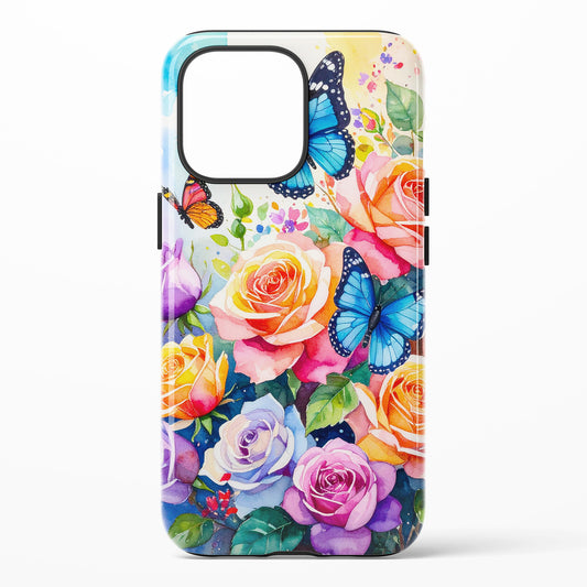 Phone case featuring multicolor watercolor roses with butterflies and green leaves