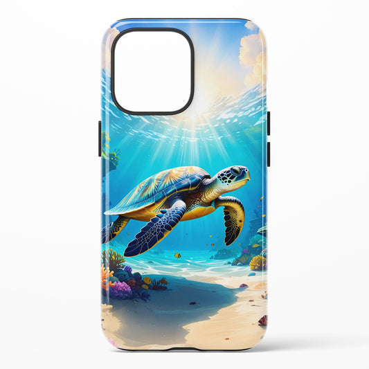 Phone case featuring a sea turtle swimming above a sandy ocean floor with coral and sunlight beams