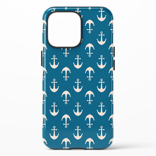 Phone case featuring white anchors arranged in rows on a deep blue background