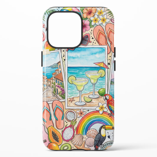 Phone case with tropical design featuring margaritas, flip-flops, and beach scene.