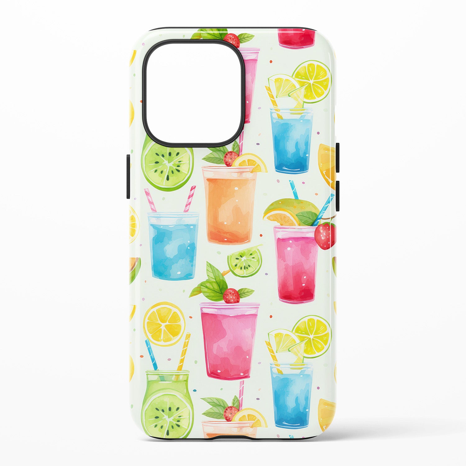 Phone case with colorful drink and fruit pattern on a white background