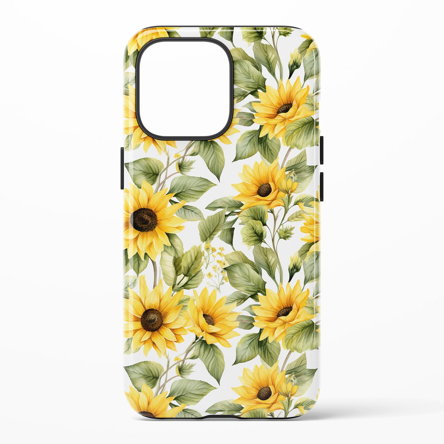 sunflower pattern phone case with bright yellow flowers and green leaves
