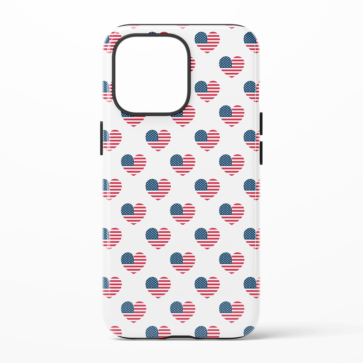 Phone case with heart repeating pattern on a white background with the hearts being the color of flags red and white stripes white sith blue stars