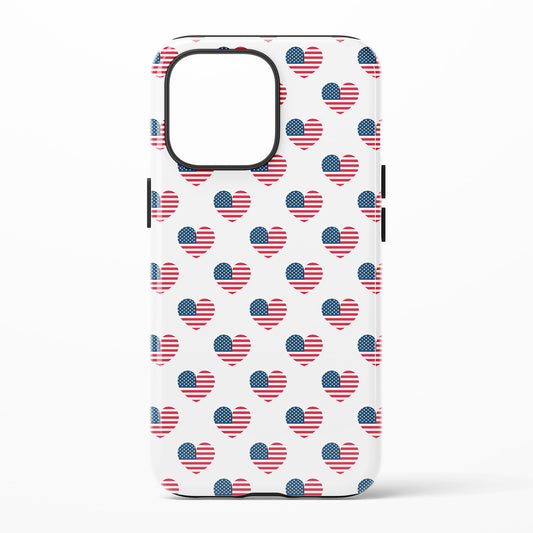 Phone case with heart repeating pattern on a white background with the hearts being the color of flags red and white stripes white sith blue stars