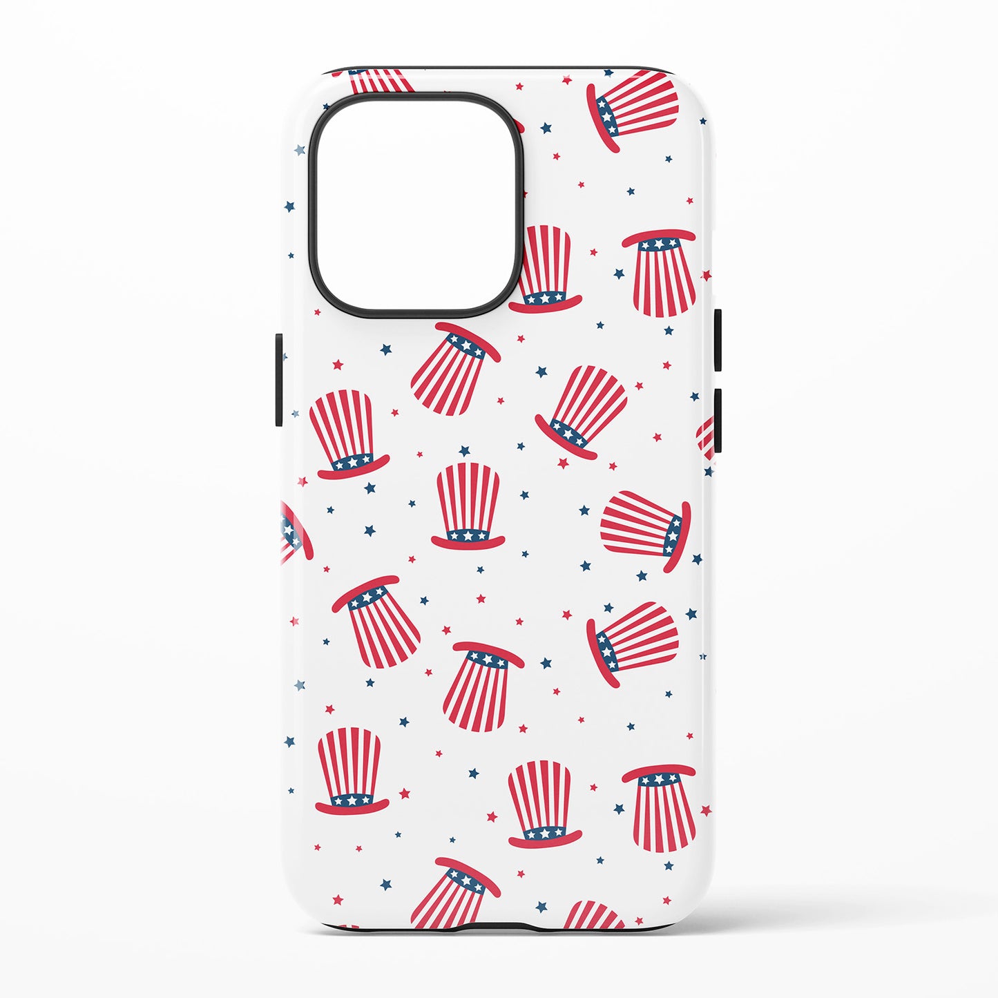 Phone case with patriotic red and blue top hat pattern on a white background