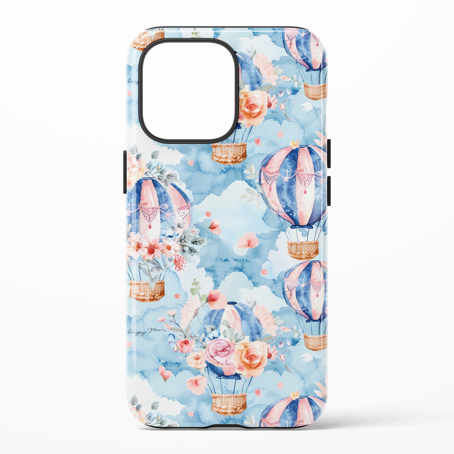 Phone case with hot air balloon and floral design on a blue background