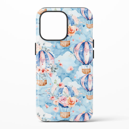Phone case with hot air balloon and floral design on a blue background