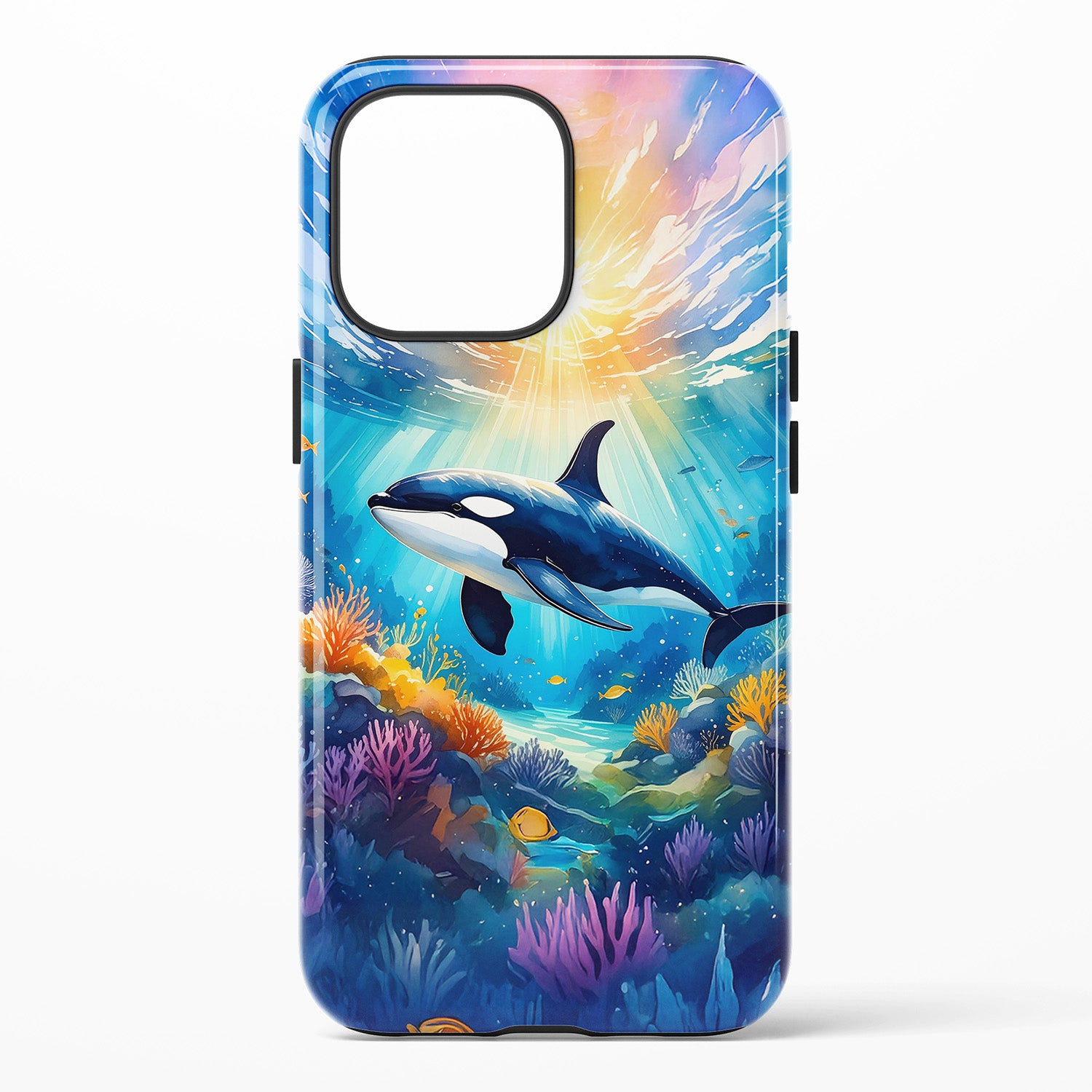 Phone case with an underwater design featuring an orca whale and colorful coral.