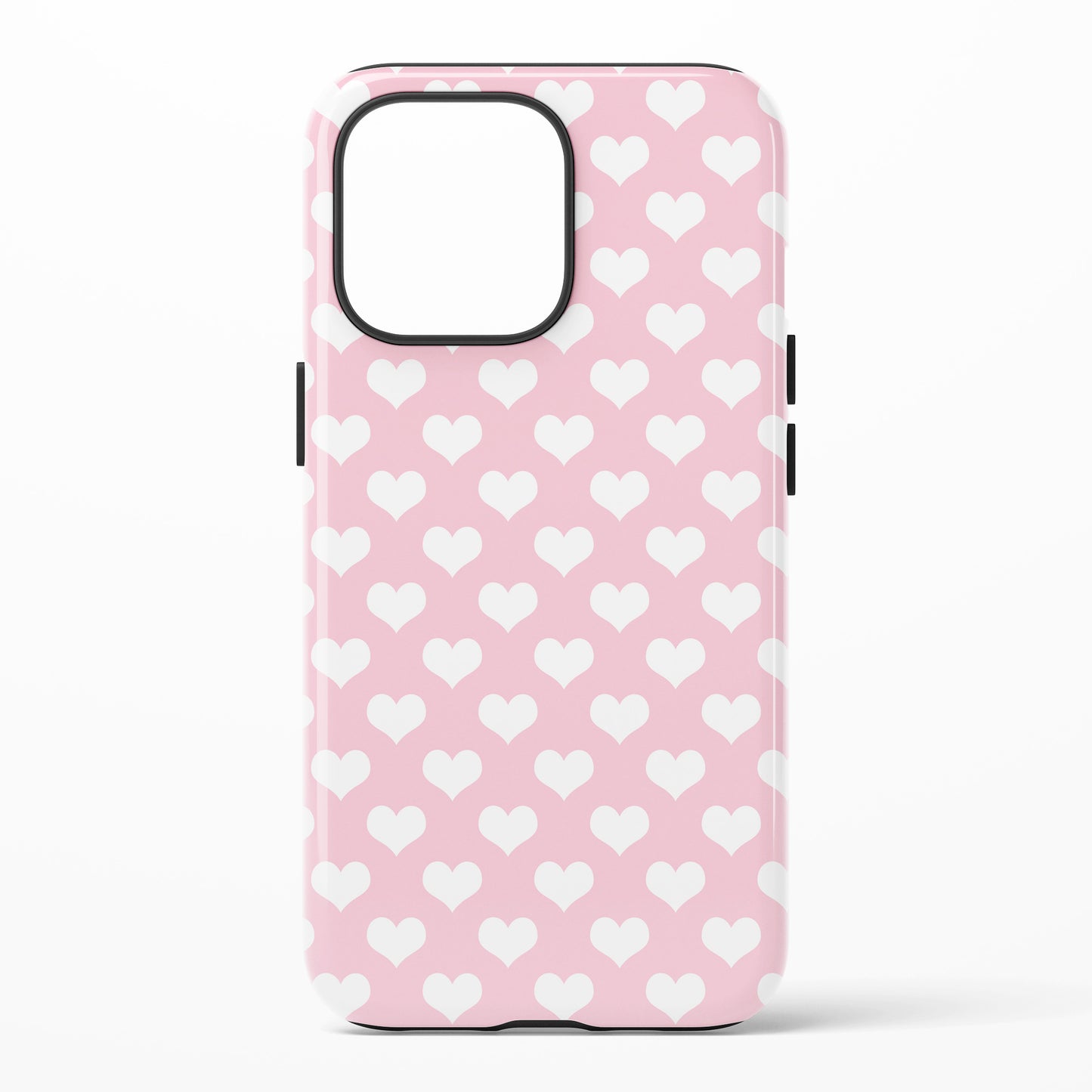 Phone case with white hearts pattern on pink background