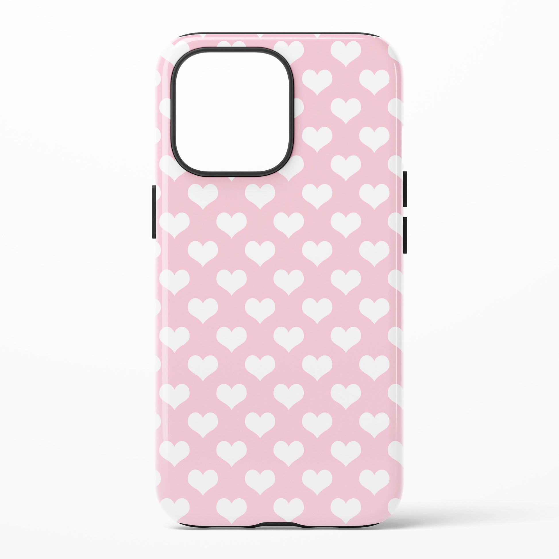 Phone case with white hearts pattern on pink background