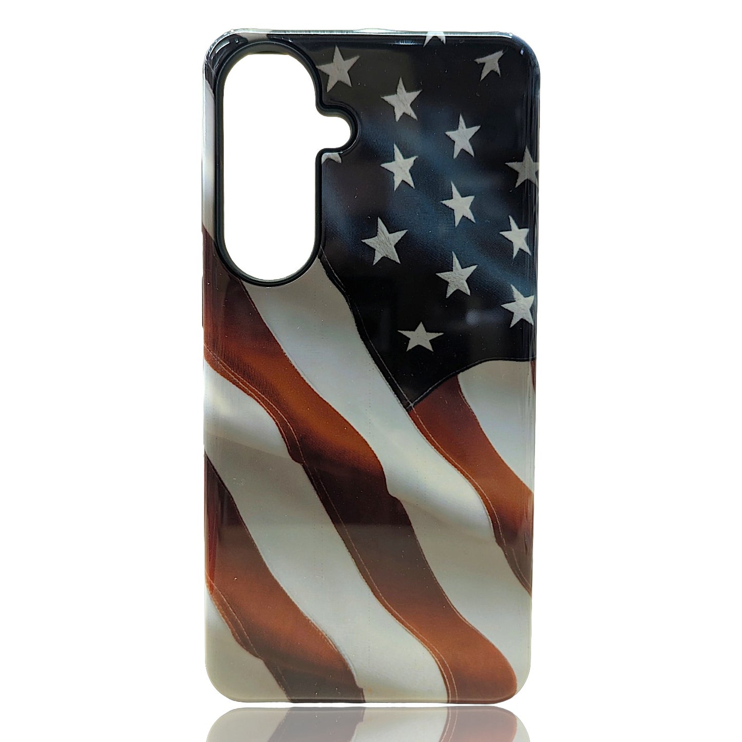 Phone case featuring a flowing American flag with stars and diagonal red‑and‑white stripes