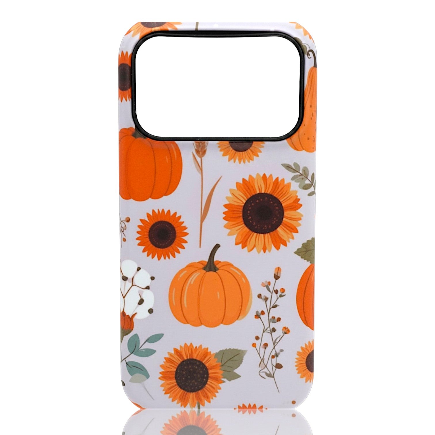 Phone case featuring pumpkins, sunflowers, cotton stems, and fall foliage on a white background