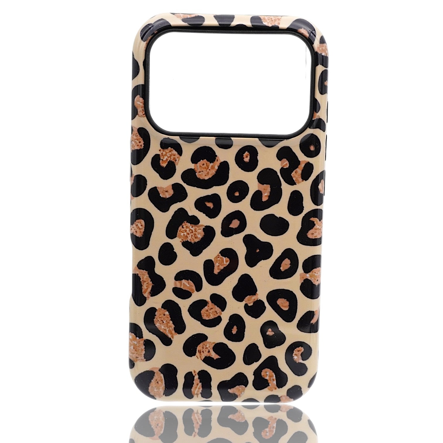 Phone case featuring a beige leopard‑print pattern with black and brown markings