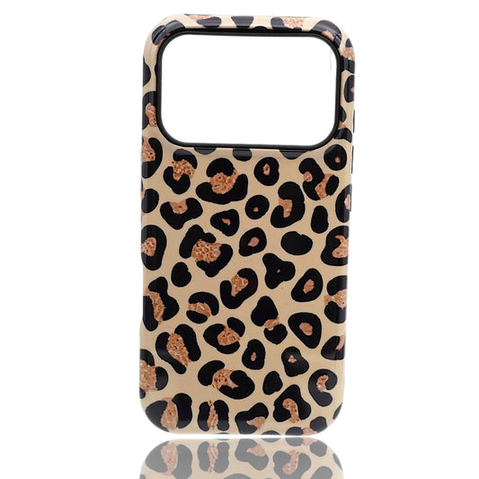 Phone case featuring a beige leopard‑print pattern with black and brown markings