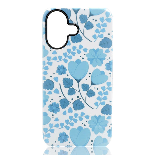 Phone case featuring a blue floral pattern with decorative blossoms and leaves on a white background